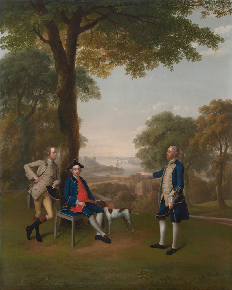 Arthur Holdsworth em conversa com Thomas Taylor e o capitão Stancombe junto ao rio Dart de Arthur Devis