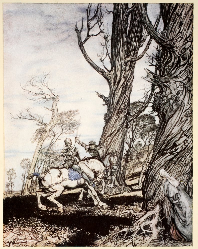 Como Sir Lancelotot matou o cavaleiro Sir Peris de Forest Savage que afligiu as damas, as donzelas e as gentis, como ilustração de "O romance do rei Artur e seus cavaleiros da Távola Redonda" de A de Arthur Rackham