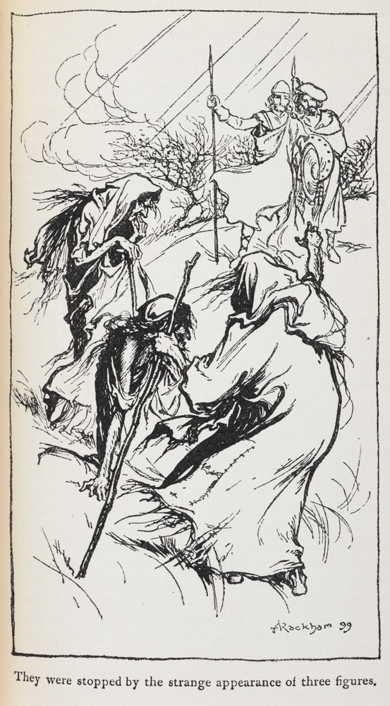 Ilustração das três bruxas, Macbeth e Banquo. de Arthur Rackham