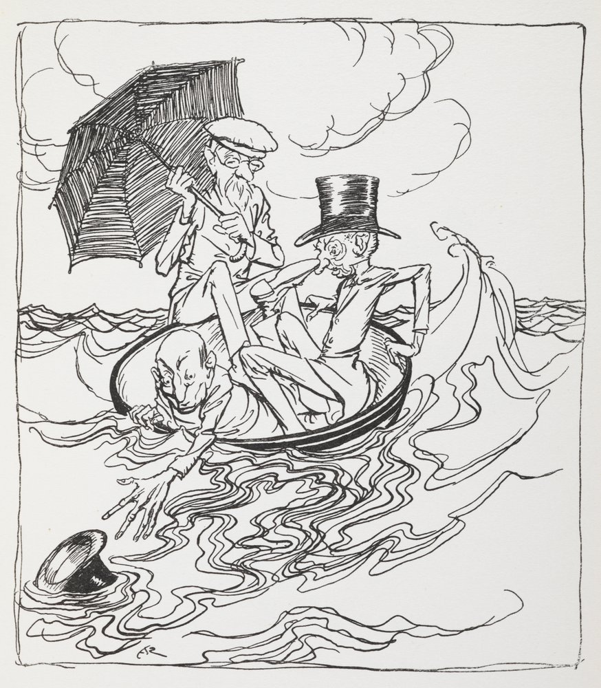 Três homens numa tigela no mar. de Arthur Rackham