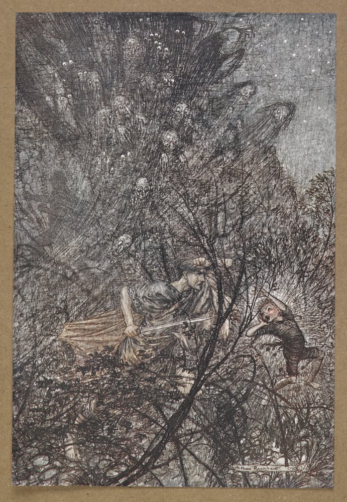 Para cima e para baixo, para cima e para baixo, goblin, conduza-os para cima e para baixo".
Uma cena de "A Midsummer Night