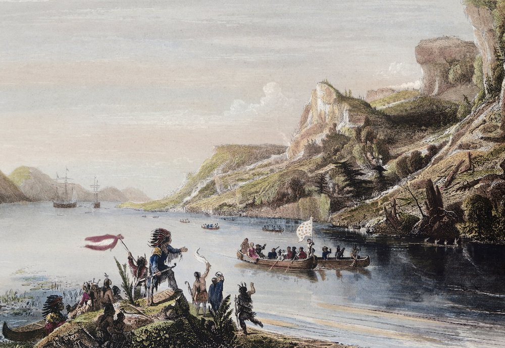 O explorador francês Jacques Cartier descobriu e escalou o rio São Lourenço, no Canadá, em 1535 - Jacques Cartier Descobre o rio São Lourenço em 1535 de Artist Unknown