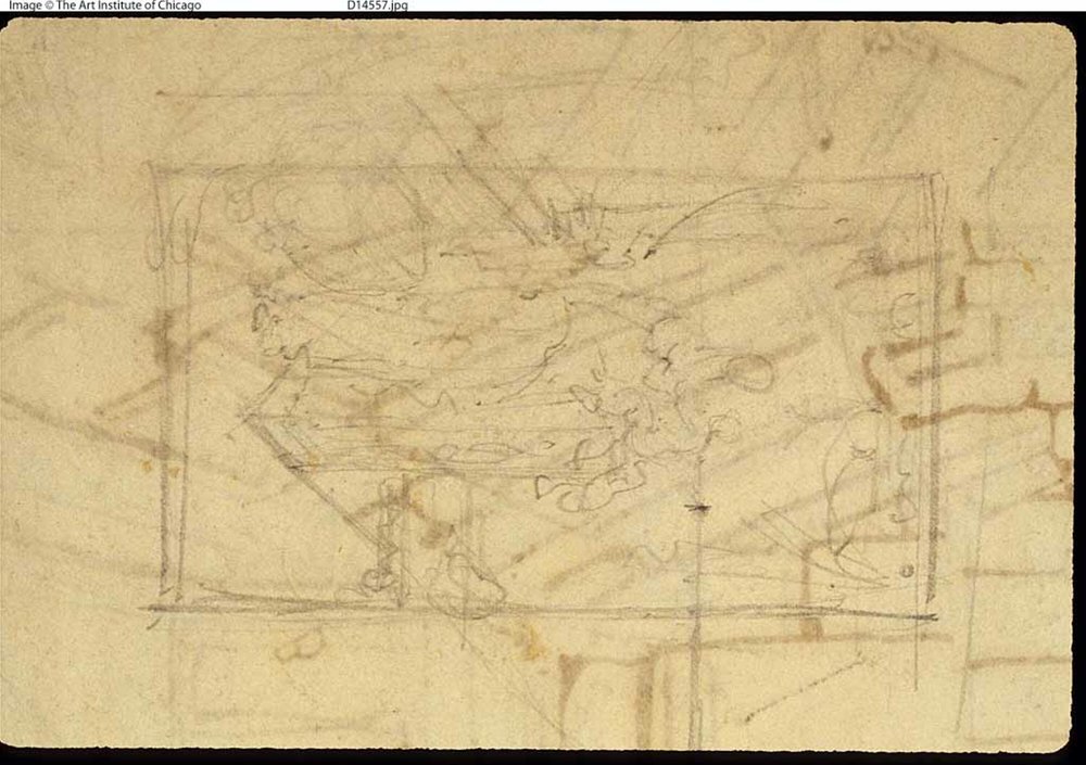 Estudo para Sala de Exposições, Somerset House, da Microcosm of London (reto); Esboço de uma pintura: Madonna e criança (verso) de Augustus Charles Pugin