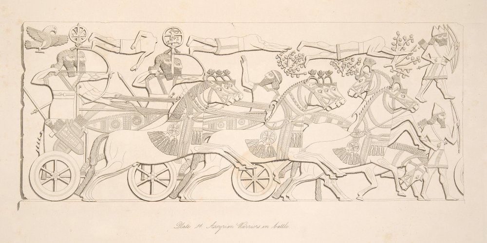 Guerreiros Assírios em batalha, de Monuments of Nineveh, pub. 1849 de Austen Henry Layard