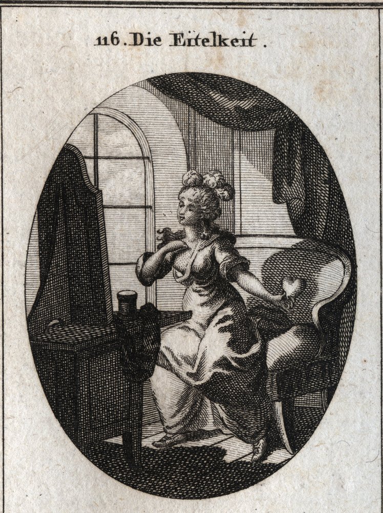 Alegoria da vaidade. Desejando agradar e ser considerada, ela é representada em frente ao seu banheiro se lisonjeando em frente ao espelho com um coração na mão. Gravura em "Iconologie oder Ideen aus dem Gebiete der Leidenschaften und Allegorien". de Austrian School