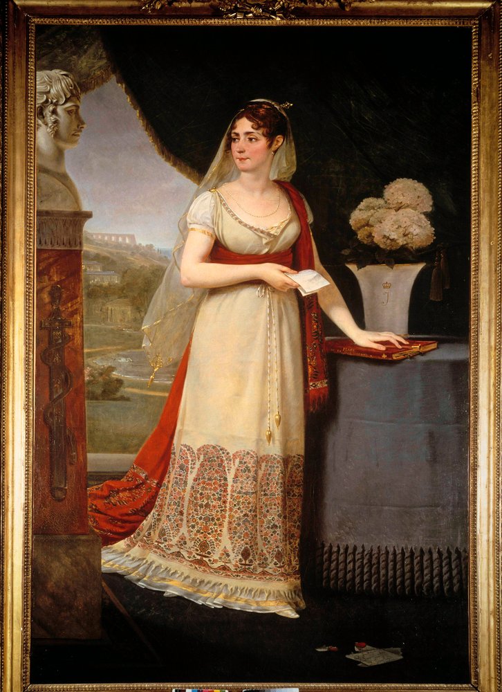 Retrato de corpo inteiro de Josefina de Beauharnais (1763-1814). Ela olha para um busto que representa o seu filho, Eugénio Rose de Beauharnais, dito o príncipe Eugénio (1781-1824), Malmaison - Pintura de Antoine Jean Gros (1771-1835) de Baron Antoine Jean Gros