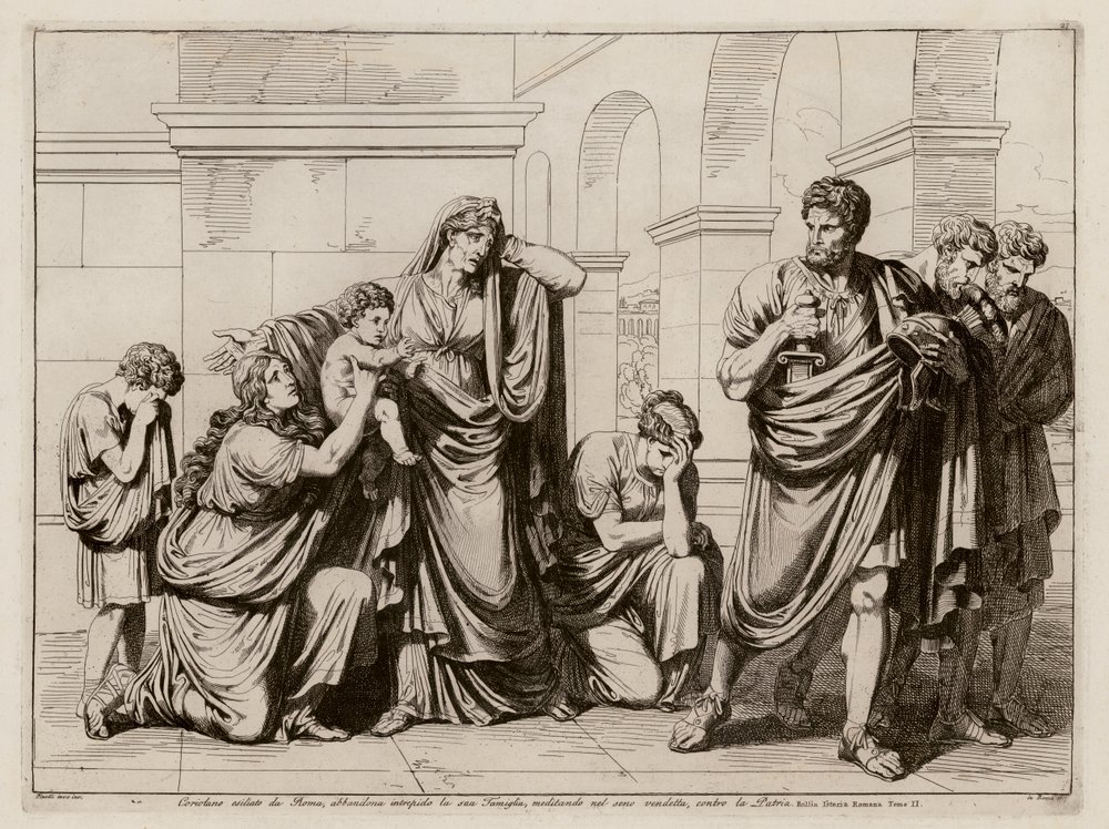 Coriolano, exilado de Roma, abandona a sua família e planeia a sua vingança (gravura) de Bartolomeo Pinelli