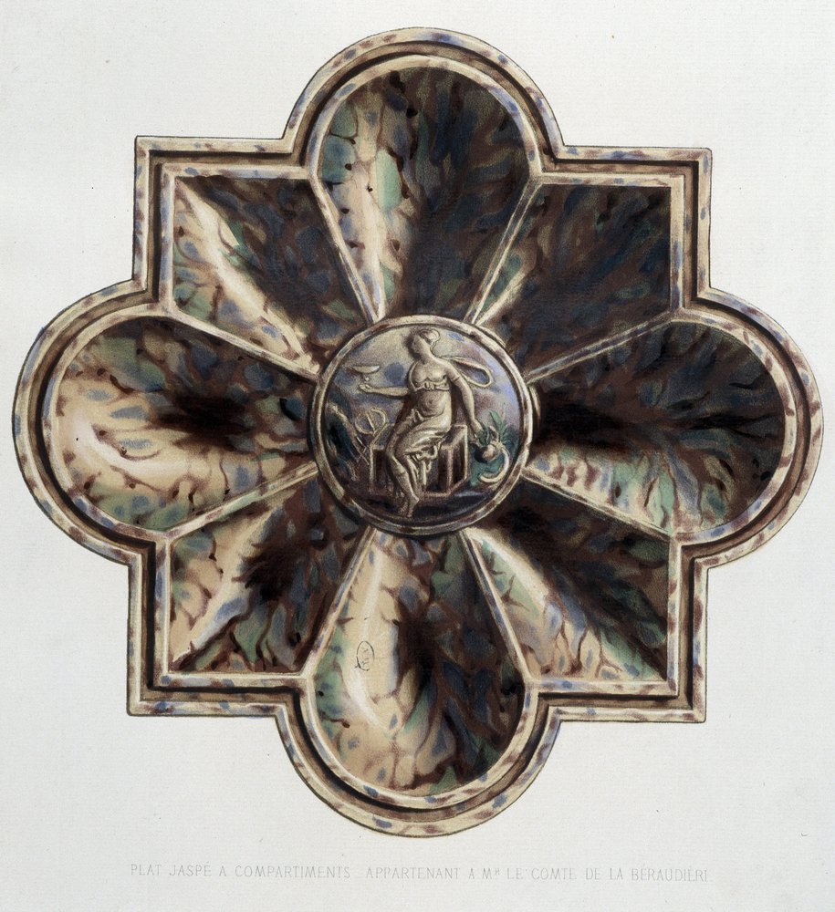 Placa jaspé com compartimentos - Placa cerâmica, em "A obra de Bernard Palissy" de C. Delange e C. Borneman, Paris de Bernard (after) Palissy