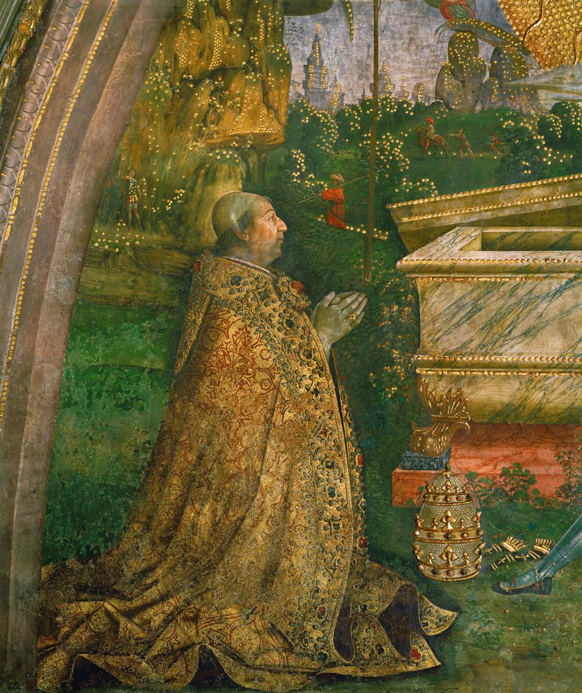 A Ressurreição. O Papa Alexandre VI Bórgia ajoelhado em frente a um sarcófago vazio (pintura mur) de Bernardino di Betto Pinturicchio