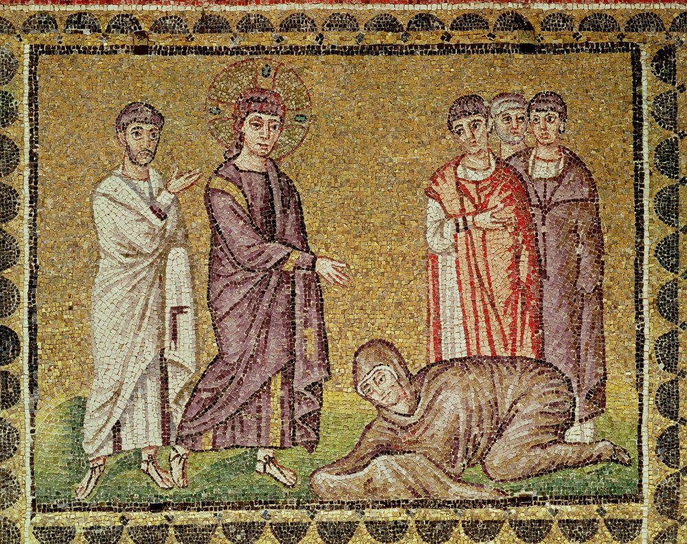 Jesus cura a mulher que sangra, cenas da vida de Cristo (mosaico) de Byzantine School