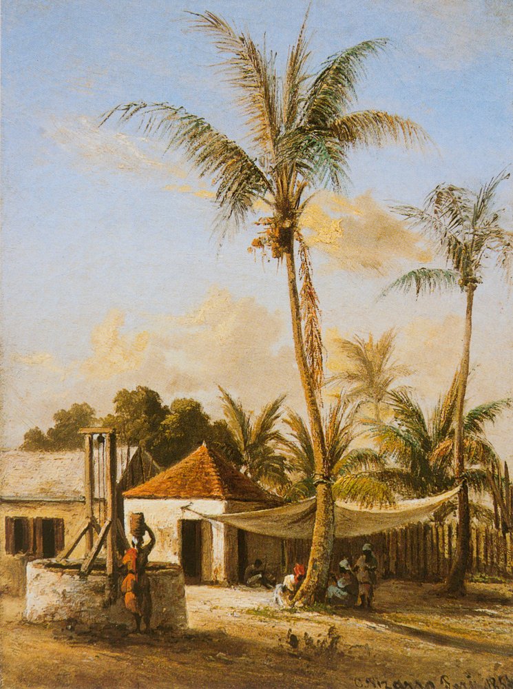 Figuras que descansam por um poço da vila de Camille Jacob Pissarro