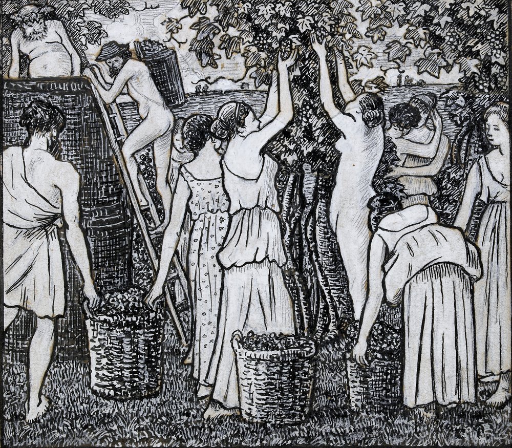 Colheita de uvas, estudo composicional para uma ilustração para 