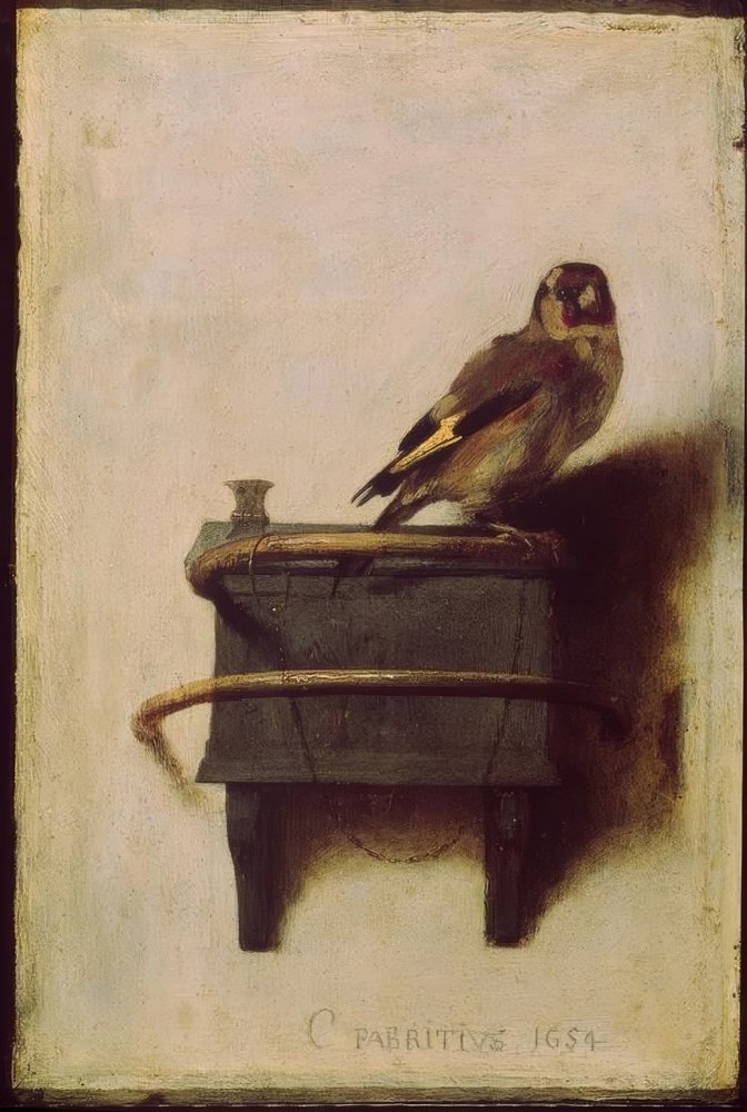 O pintassilgo (o pintassilgo-dos-cardos, o pintassilgo-europeu) de Carel Fabritius
