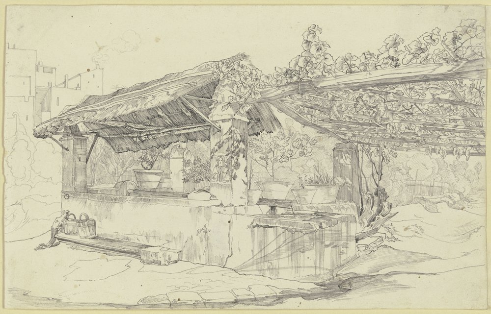 Casa de poço com telhado de palha e tanque de lavar junto a uma latada de Carl Philipp Fohr