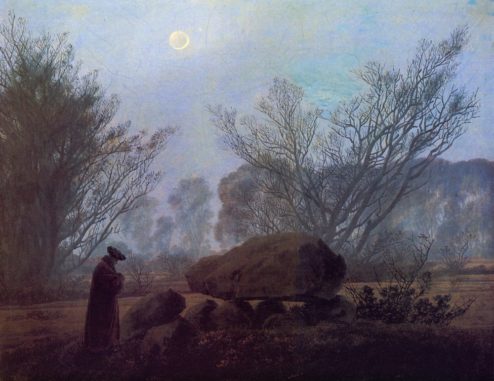 Passeio ao crepúsculo (homem contemplando um megálito) de Caspar David Friedrich