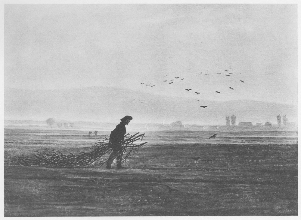 Paisagem de outono com um homem a apanhar lenha de Caspar David Friedrich
