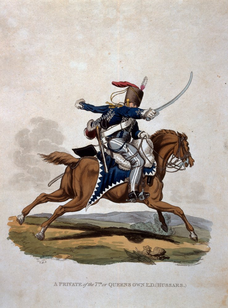 Um soldado do sétimo, ou os próprios hussardos da rainha, de "trajes do exército do Império Britânico, de acordo com os últimos regulamentos 1812", gravados por JC Stadler, publicado por Colnaghi und Co. 1812-15 ( de Charles Hamilton Smith