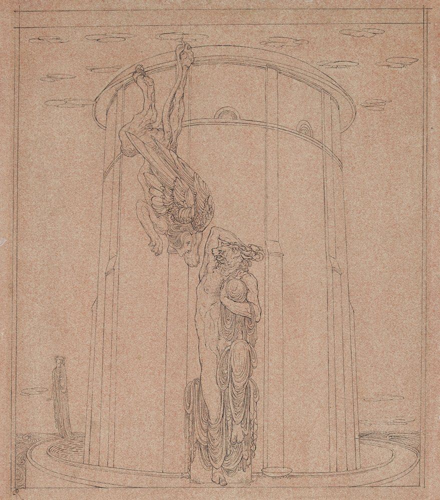 O labirinto em que o búfalo twiformed foi Stalled (pena e tinta preta no papel cor-de-rosa) de Charles Ricketts