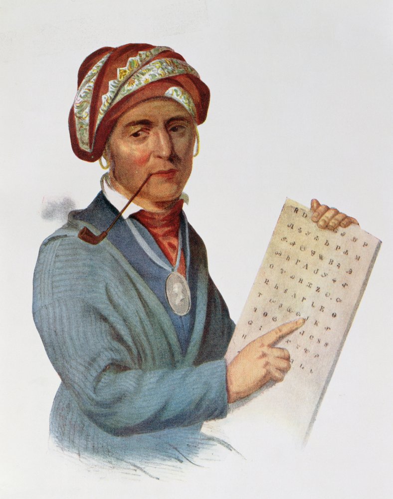 Se-quo-yah ou George Guess, 1828, ilustração de &39;Os tribos indígenas da América do Norte, Vol.1&39;, por Thomas L. McKenney e James Hall, pub. John Grant de Charles Bird King