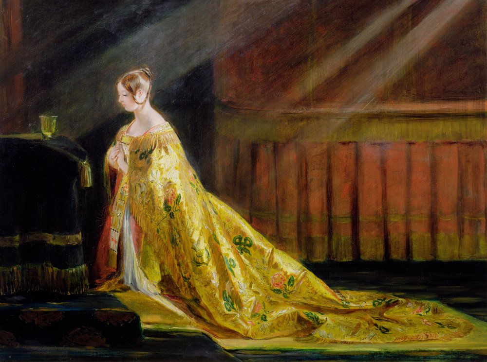 «A rainha Vitória com o seu traje de coroação», 1838 de Charles Robert Leslie