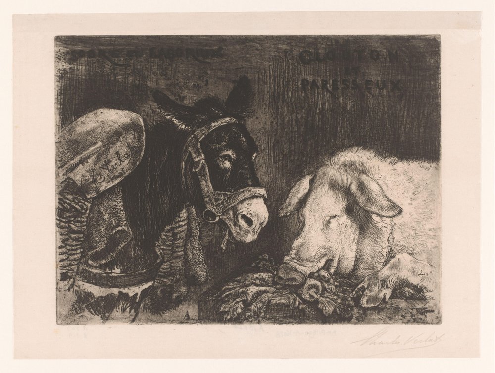 Ezel en zwijn Sóbrio e trabalhador, Glutão e preguiçoso (título no objeto) de Charles Verlat