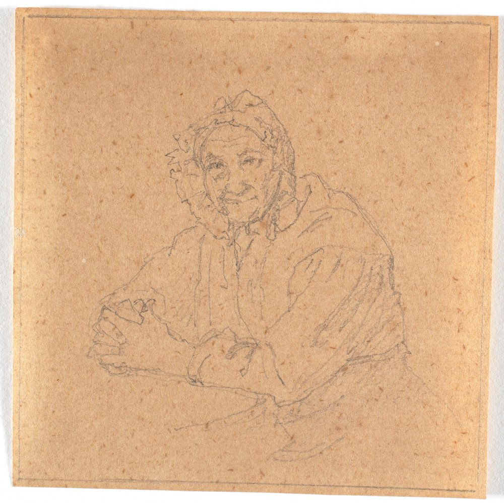 Retrato da tia do artista com deficiência intelectual e as mãos juntas de Christen Købke