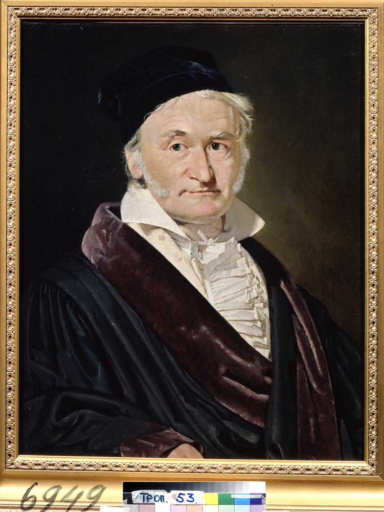 «Retrato do cientista alemão Karl (Carl) Friedrich Gauss (1777-1855)» (Retrato do matemático, astrónomo e físico Carl Friedrich Gauss (1777-1855)), pintura de Christian Albrecht Jensen (1792-1870), 1840, dimensões 66 x 52 cm, Museu Pushkin, M de Christian-Albrecht Jensen