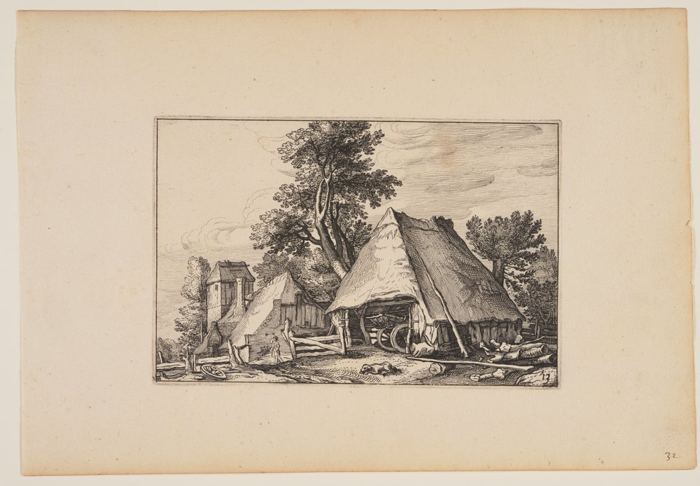 Quinta com barracão para uma carroça, de Paisagens (Verscheyden aerdige Lanthuysen...) de Claes Jansz. Visscher