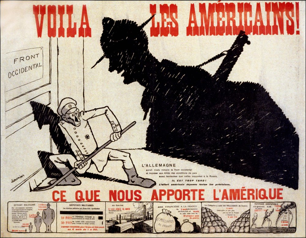 Aqui estão os americanos e o que a América nos traz - cartaz sobre o esforço de guerra americano, doente. por Charles Saunier (nascido em 1865) de Claude-Charles (attr. to) Saunier