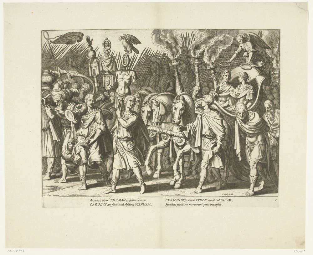 Triomfwagen van Karel V e Ferdinand, na de bevrijding van Wenen van de Turken, ca. 1532, nº. 7 Scenes uit het leven van Karel V (título da série) A vida do imperador Carlos V. em gravuras muito bonitas, gravadas nos desenhos do famoso A. Tempest de Cornelis Boel