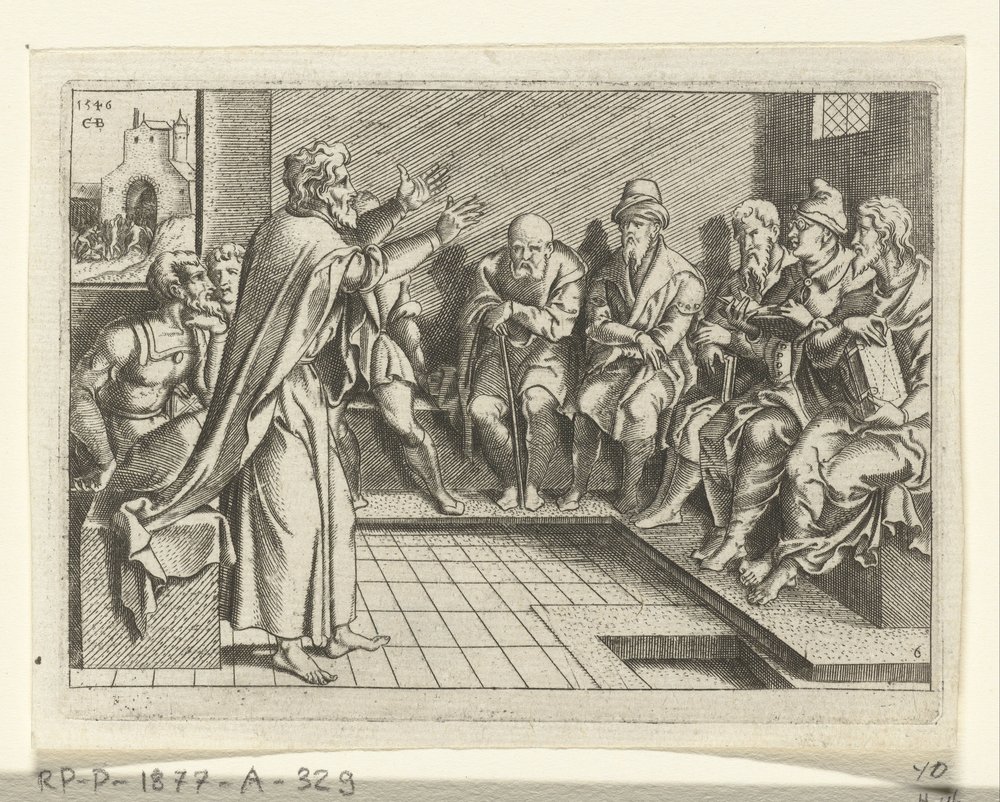 Paulo prega na sinagoga
A vida de Paulo (título da série) de Cornelis Bos