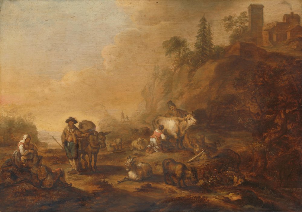 Paisagem com pastores e seus rebanhos de Cornelis de Bie