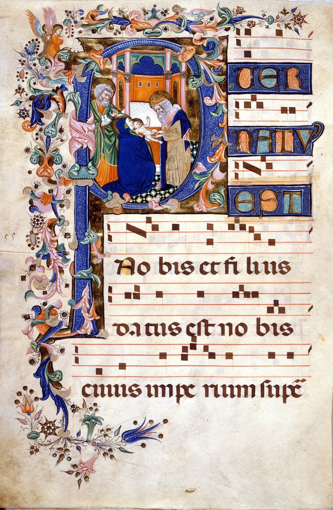 A circuncisão de Cristo numa Lettrina P. Partição (Coral) do século XV por Cristoforo Cortese (primeira metade do século XV). Biblioteca Brera, Milão de Cristoforo Cortese