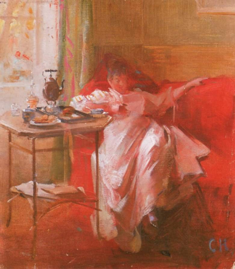 Senhora de leitura no sofá vermelho de Curt Herrmann