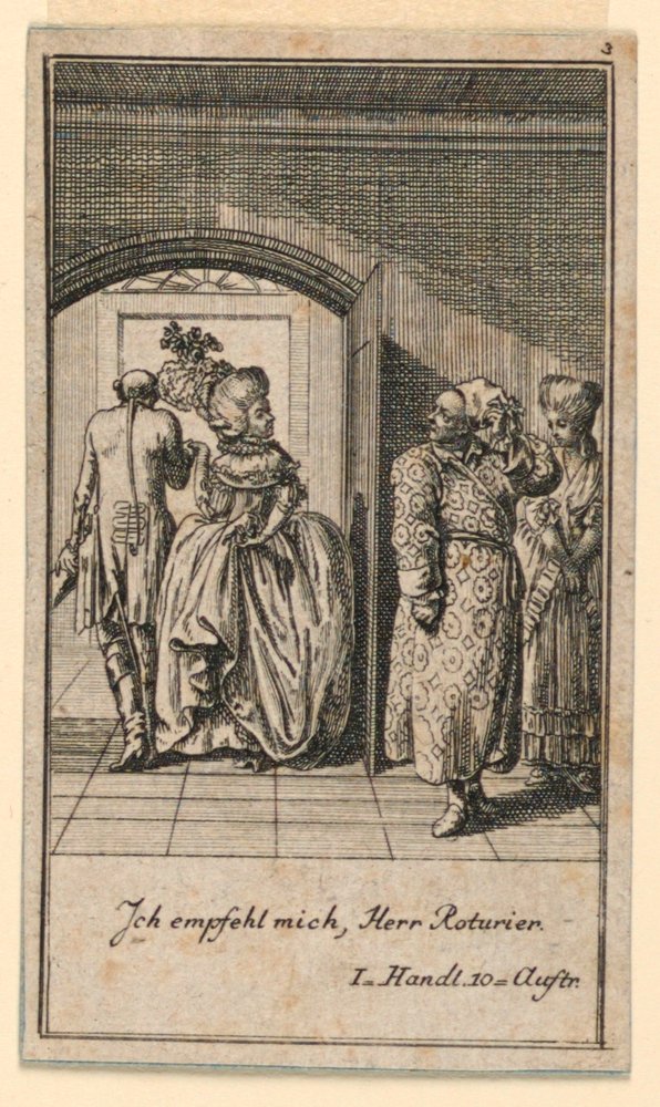 O casal de idosos terminando arrogantemente uma visita, ilustração da peça "Não mais que sachs Schuesseln" de Fredrich Wilhelm Grossman em "Königl: Grosbrit [nische] calendário genealógico no ano de 1782 Lauenberg por J.G. Berenberg" de Daniel Nikolaus Chodowiecki