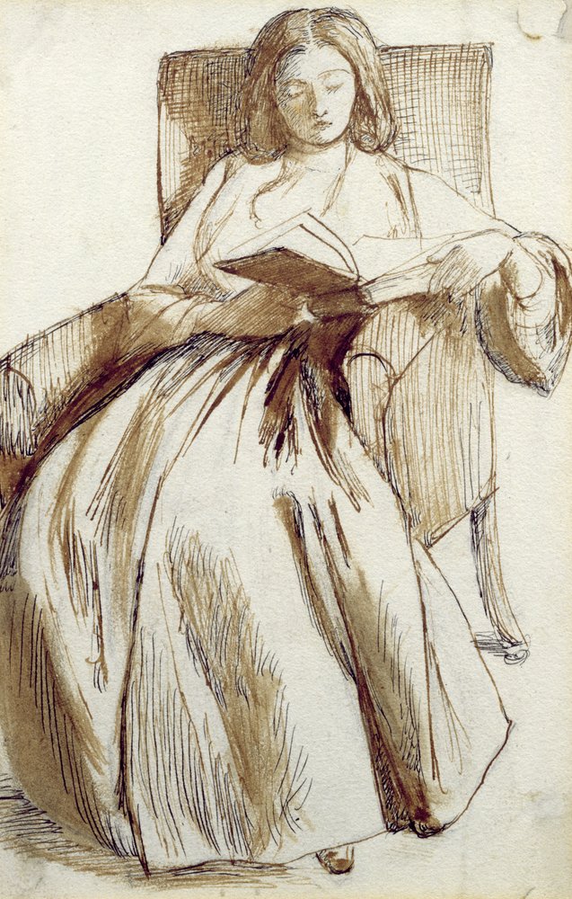 Elizabeth Siddal lendo um livro (caneta e tinta e lavagem) de Dante Gabriel Charles Rossetti