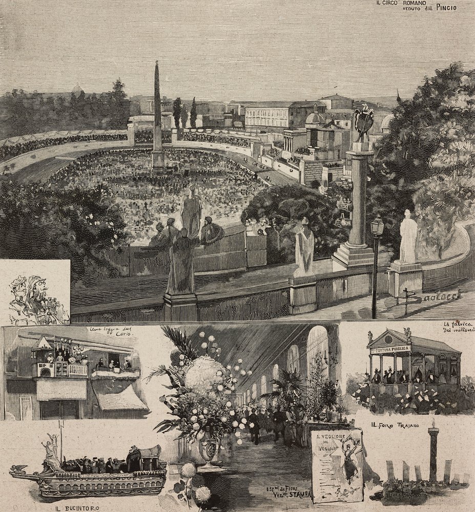 Festa de Carnaval na Piazza del Popolo vista da colina Pincio, Roma, Itália, gravura após desenho de Dante Paolocci, de L