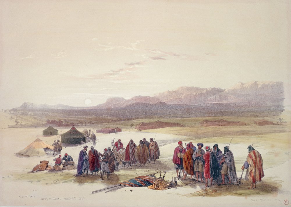 Acampamento do Alloeen em Wady Araba (litho colorido à mão) de David Roberts