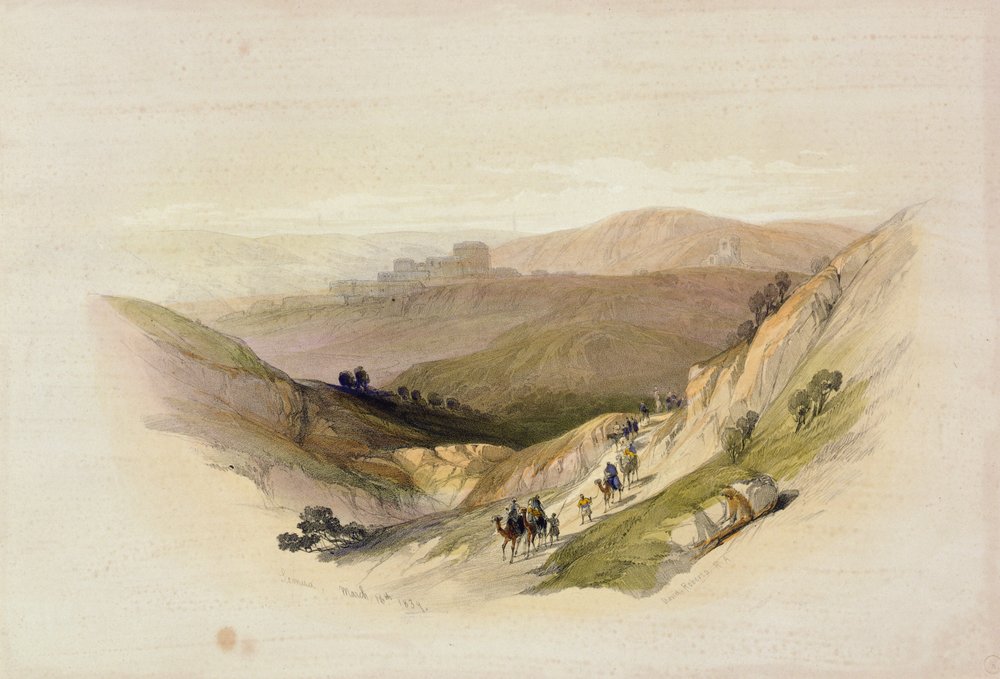 Ruínas de Semua, 16 de março de 1839, do volume 1 da "Terra Santa"; gravado por Louis Haghe (1806-85) publicado em Londres, 1842 de David Roberts