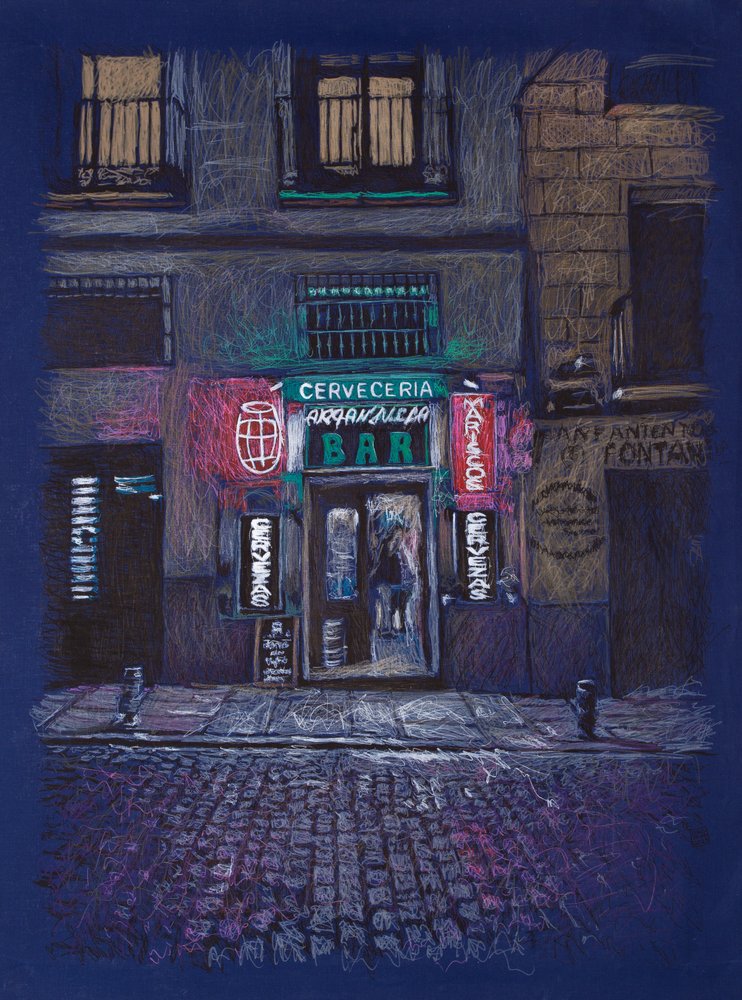 Bar Arganzuela, 2025 (acrílico e lápis sobre tela) de Diego Beyro
