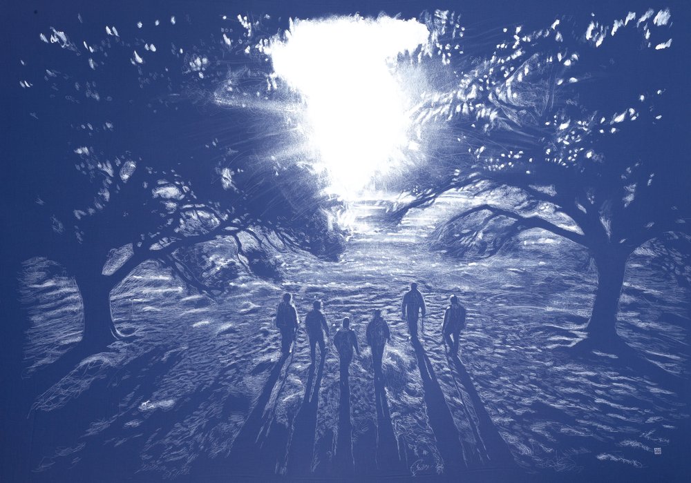 Eu e os meus irmãos e irmãs ao sol, 2025 (acrílico, caneta e lápis sobre tecido) de Diego Beyro