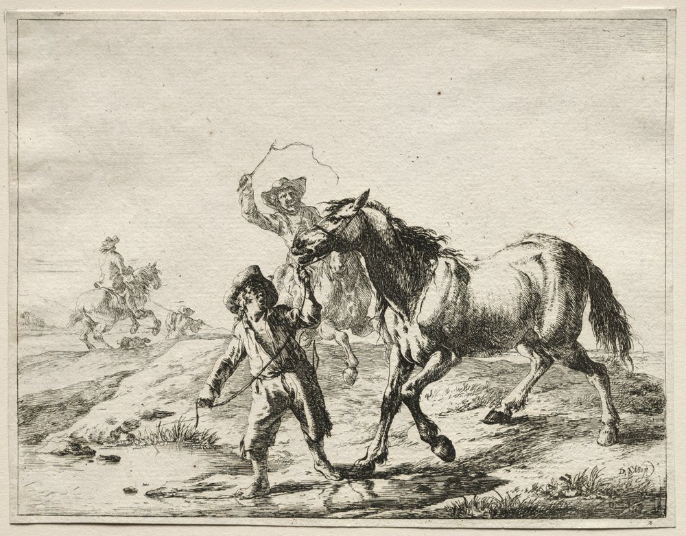 Um menino levando um cavalo para beber de Dirck Stoop
