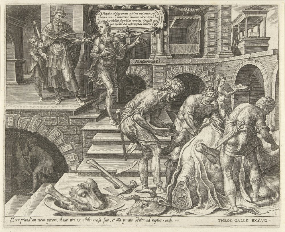 Preparativos para a festa de casamento Parábola de um banquete de casamento (título da série) de Dirck Volckertsz. Coornhert