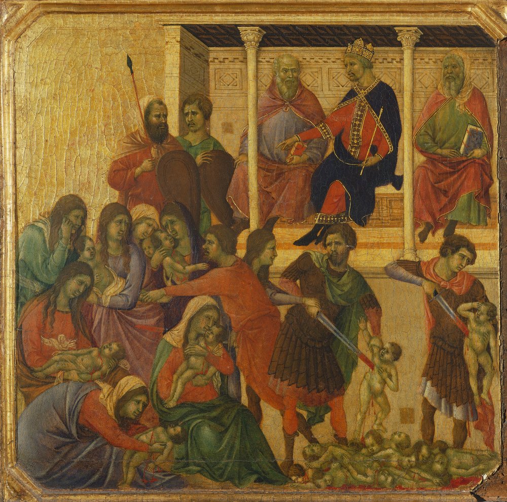 O massacre dos inocentes, pormenor da predela da Maestà do retábulo de Duccio na Catedral de Siena de Duccio di Buoninsegna
