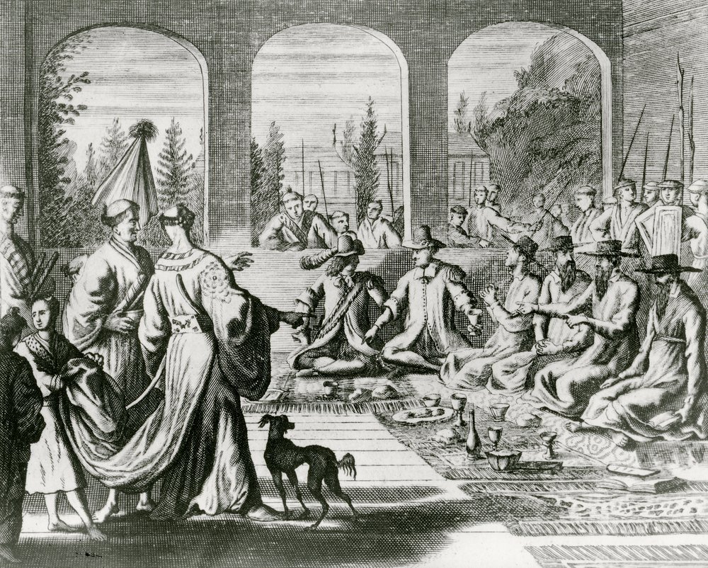 Jesuítas com mercadores holandeses e portugueses na corte japonesa, c.1670 (gravura) de Dutch School