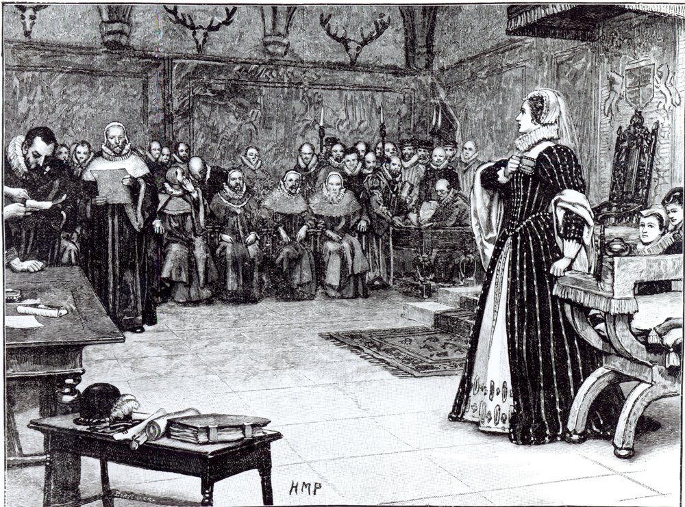 Julgamento de Maria Rainha dos Escoceses (1542-87) no Castelo Fotheringhay de Edouard Berveiller