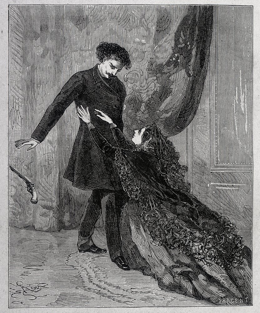 Edmond Dantes et Mercedes - Gravura de Riou, em "O Conde de Monte Cristo" (Monte-Cristo) de Alexandre Dumas pere (1802-1870), ed. Jules Rouff & Cie de Edouard Riou