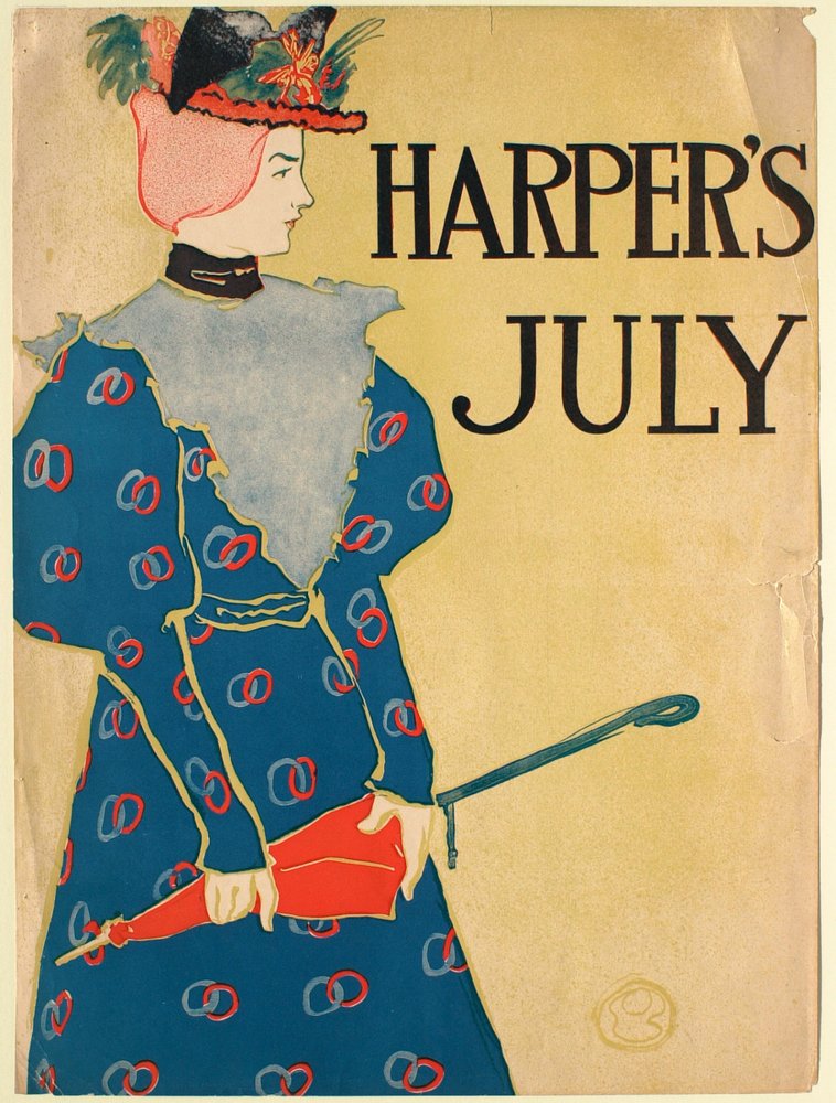 Jovem mulher de vestido azul com guarda-chuva vermelho, julho, Harper