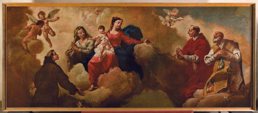 Madona com o Menino e Santa Ana aparecendo aos santos António e Carlos Borromeu, 1748 de Egidio dall' Olio
