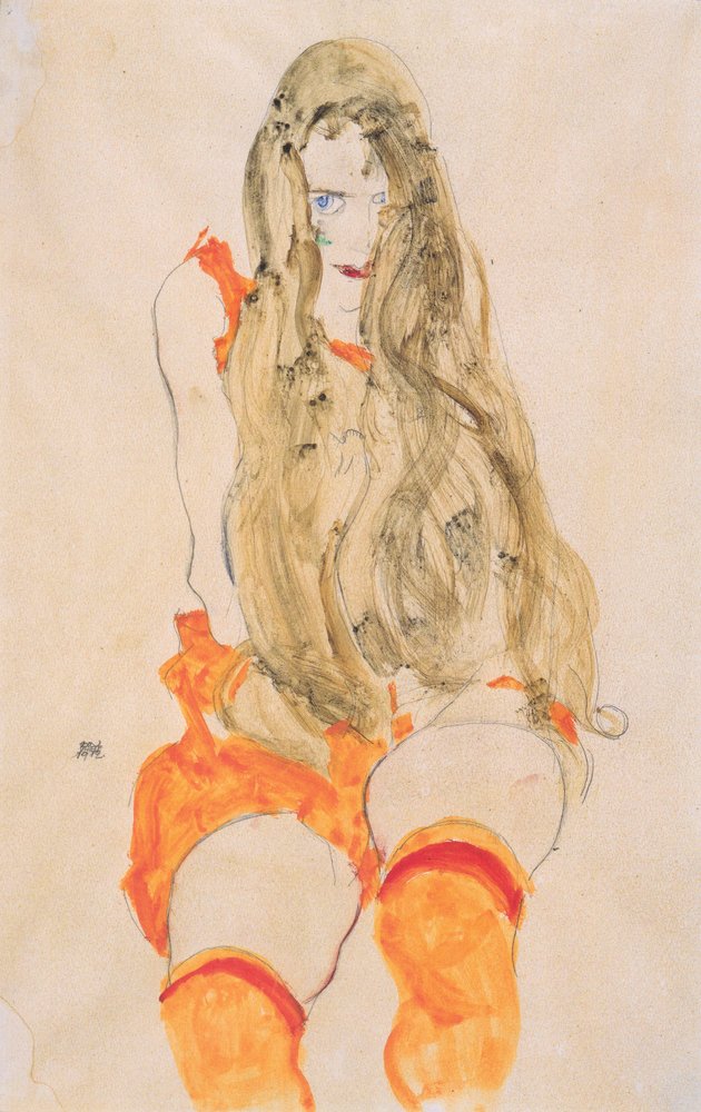 Menina sentada com cabelo caindo de Egon Schiele
